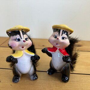 Skunk Ceramic Figurine Fur Tail Set of 2 Anthropomorphic Yellow Hats Vtg Japan